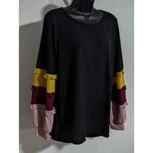 BIBI Colorblock Ruffle Balloon Sleeve Lightweight Pullover Sweater Top Large